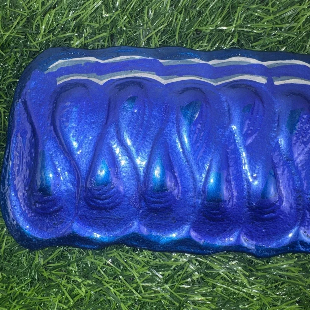 Fused Art Glass Ribbon Candy Tray Blue Magenta Silver Christmas Candy Dish Set